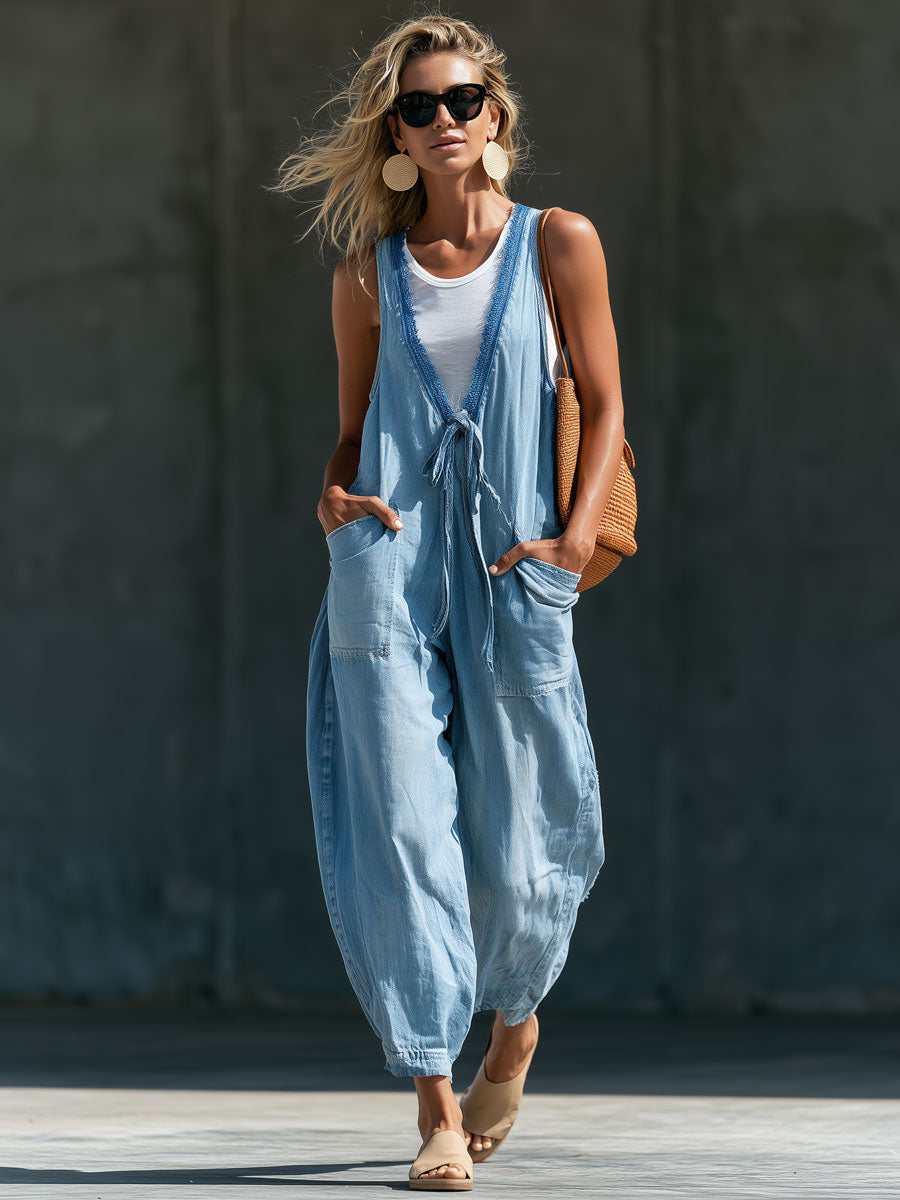 Fashionable Retro V-neck Lace-up Sleeveless Light Blue Denim Jumpsuit
