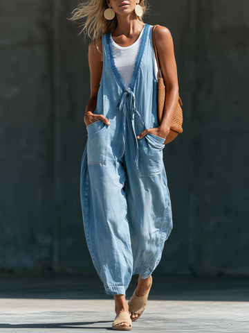 Fashionable Retro V-neck Lace-up Sleeveless Light Blue Denim Jumpsuit