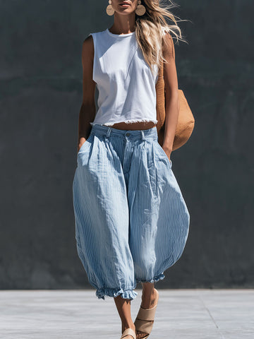 Casual Retro Frayed Top And Light Blue Striped Cotton-linen Cropped Pants Set
