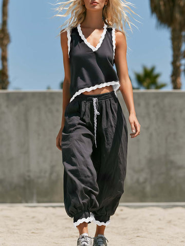 Retro Casual Sportswear Wavy Edges Gray Cotton Top And Pants Set