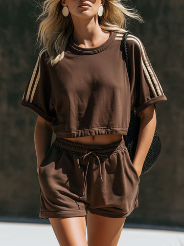 Retro Sporty Webbing Chocolate Cotton Short-Sleeve T-Shirt And Shorts Set