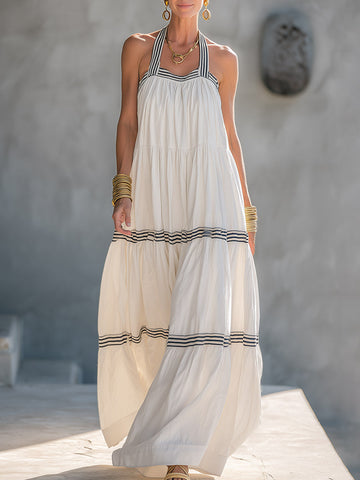 Classic Romantic Vacation Style Striped-Trim White Halter-Neck Cotton Maxi Dress