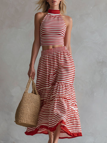 Retro Resort-Style Sporty Red Striped Cotton Sleeveless Top And Skirt Set