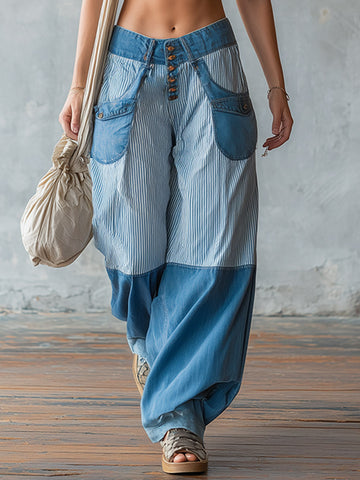Casual-chic Light Blue Striped Patchwork Jeans