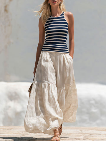 Casual Retro Blue Striped Knit Vest And Beige Striped Cotton-linen Pants Set