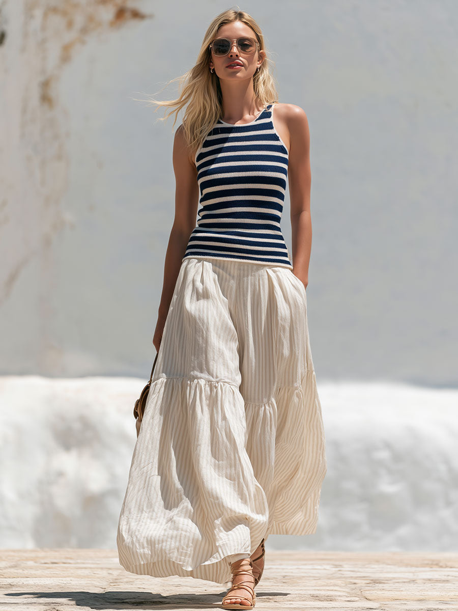 Casual Retro Blue Striped Knit Vest And Beige Striped Cotton-linen Pants Set
