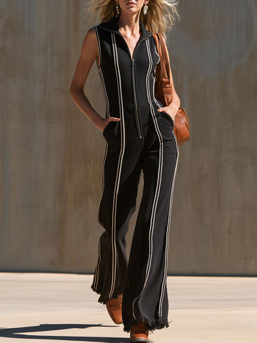 Sporty Retro Webbing Black Cotton Frayed Sleeveless Jumpsuit