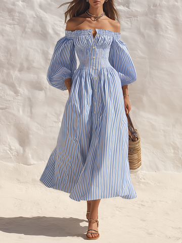 Coastal Chic Off-Shoulder Short-Sleeve Blue And White Striped Maxi Dress