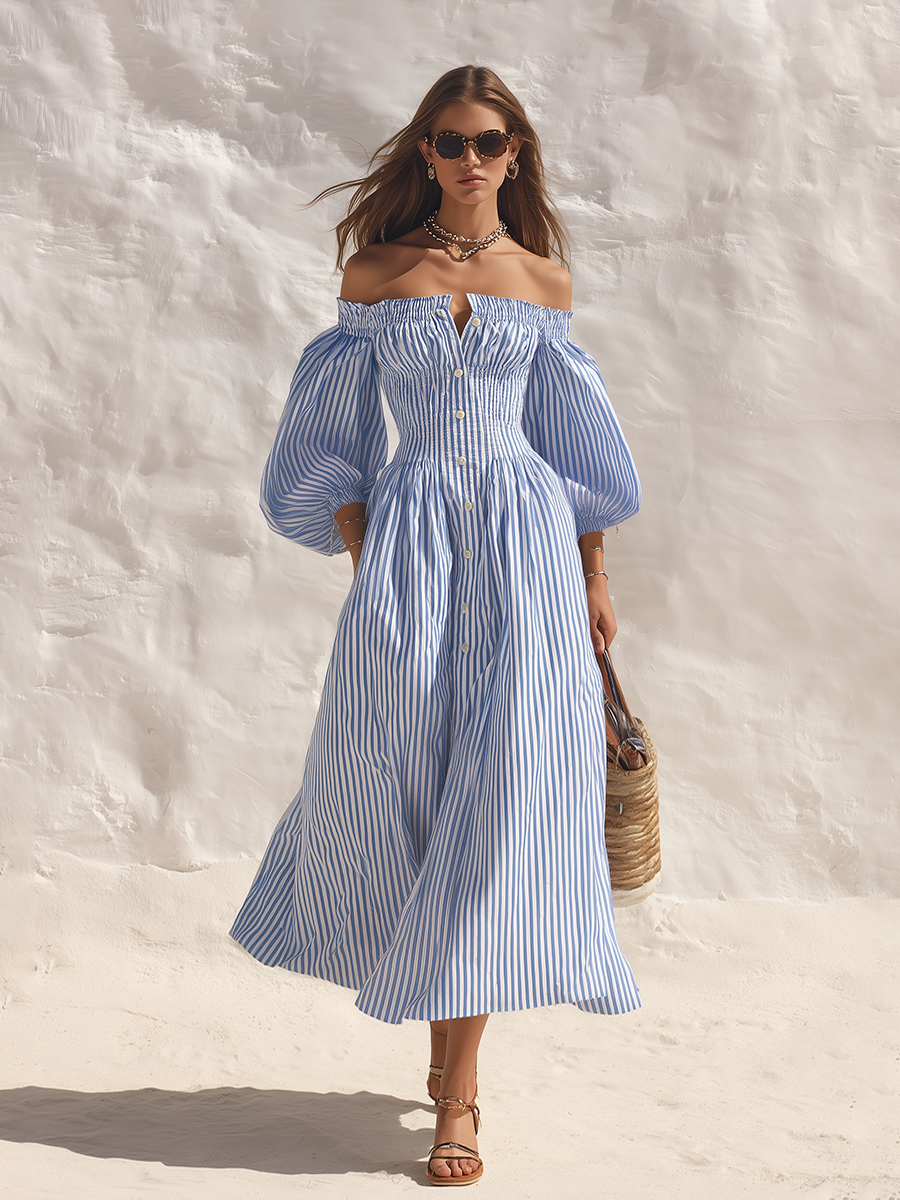 Coastal Chic Off-Shoulder Short-Sleeve Blue And White Striped Maxi Dress
