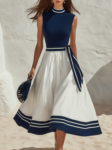 Vacation Sleeveless Navy Blue And White Color-Block A-Line Midi Dress