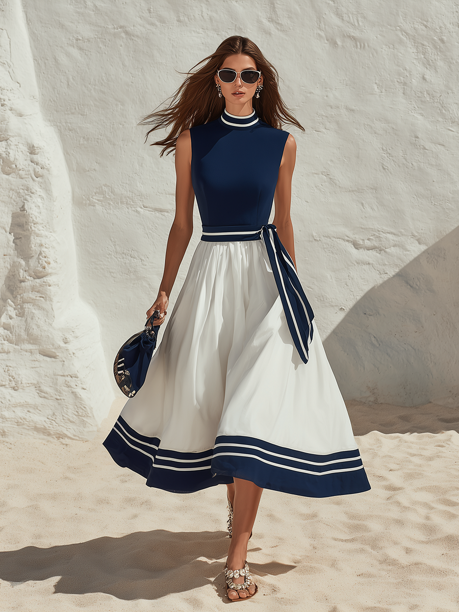 Vacation Sleeveless Navy Blue And White Color-Block A-Line Midi Dress