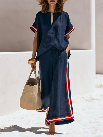 Old Money Style Contrast Trim Cotton-Linen Short-Sleeve Top And Wide-Leg Pants Set