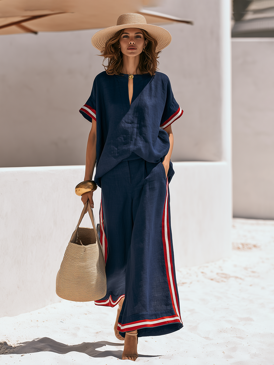 Old Money Style Contrast Trim Cotton-Linen Short-Sleeve Top And Wide-Leg Pants Set