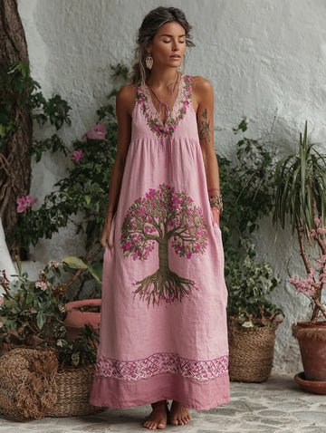 Women's Tree Of Life Pink Ribbon Embroidery V Neck Tank Midi Dress