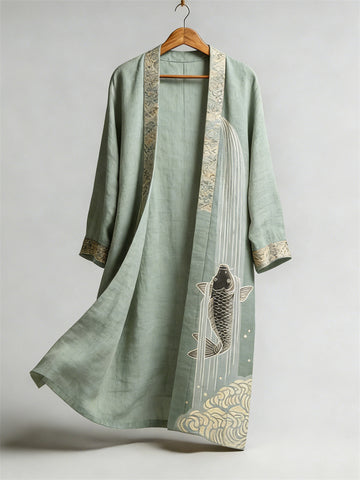 Japanese Koi Carp Fish Upstream Flowy Linen Long Kimono