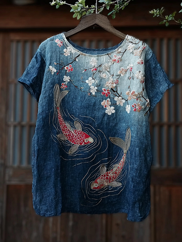 Japanese Art Goldfish And Cherry Blossom  Pattern Design Casual Linen Short-sleeve T-shirt