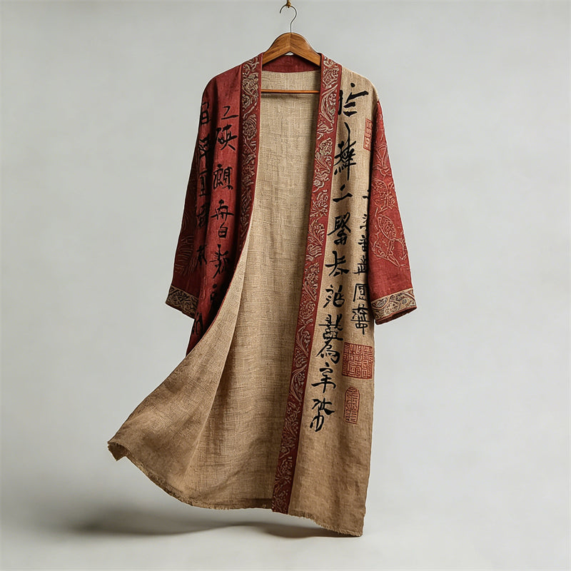 Japanese Calligraphy Art Contrast Linen Long Kimono