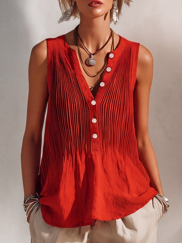 Bohemian Resort Style Red Pleated Cotton-linen Sleeveless Tank Top
