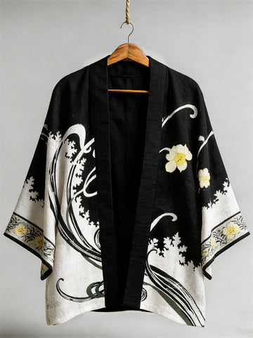 Japanese Flowers Contrast Art Linen Kimono