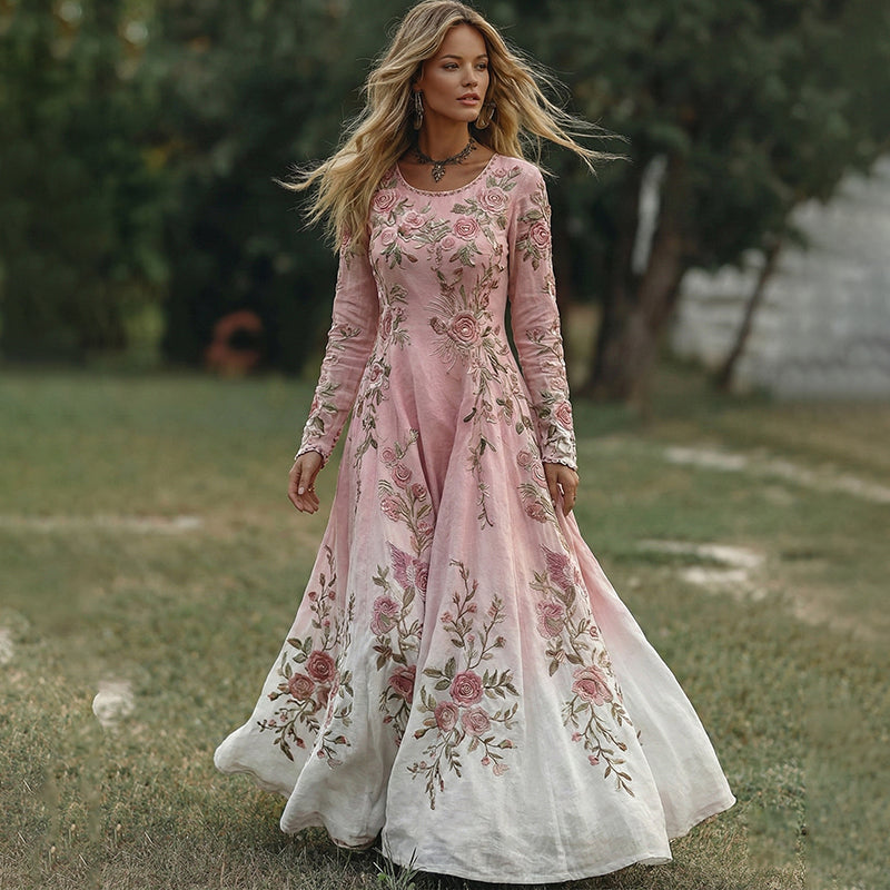 Women's Boho Floral Embroidered Floral V Neck Resort Maxi Dress