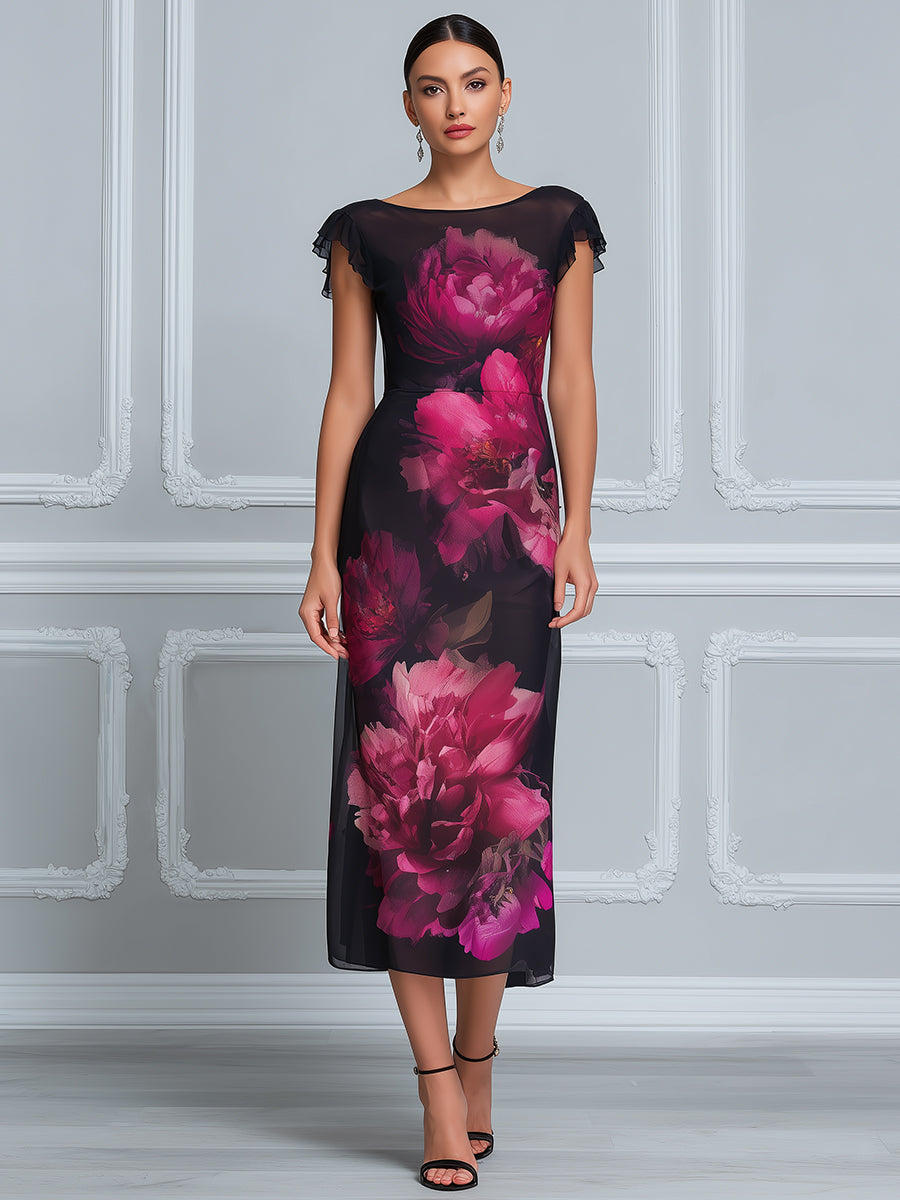 Midnight Peony Ruffle-Sleeve Mesh Midi Dress
