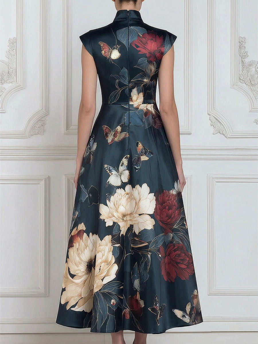 Floral Butterfly Print Mandarin Collar Structured A-Line Midi Dress
