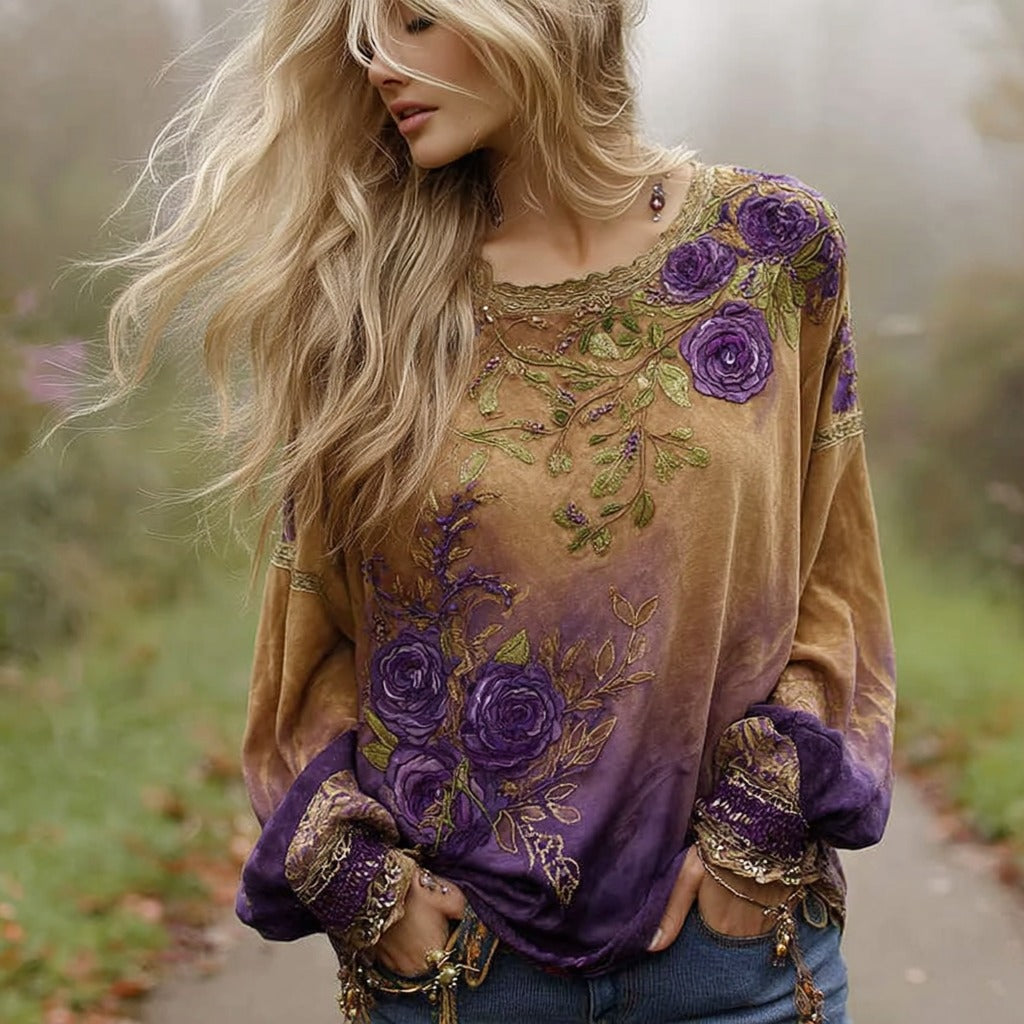 Women's Purple Floral Embroidery Gradient Casual T-shirt