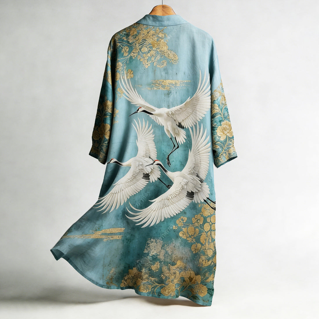 Women's Japanese Crane Flower Art Pattern Linen Long Kimono