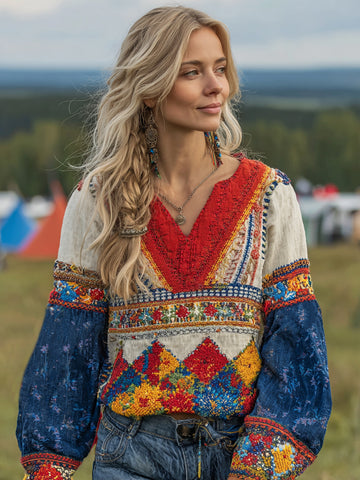 Women's Bohemian Contrast Floral Linen V-neck T-shirt