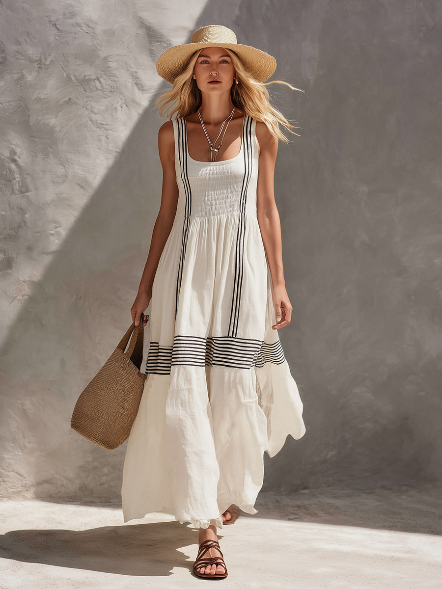 Elegant Urban Striped Trim White Cotton-Linen Sleeveless Maxi Dress