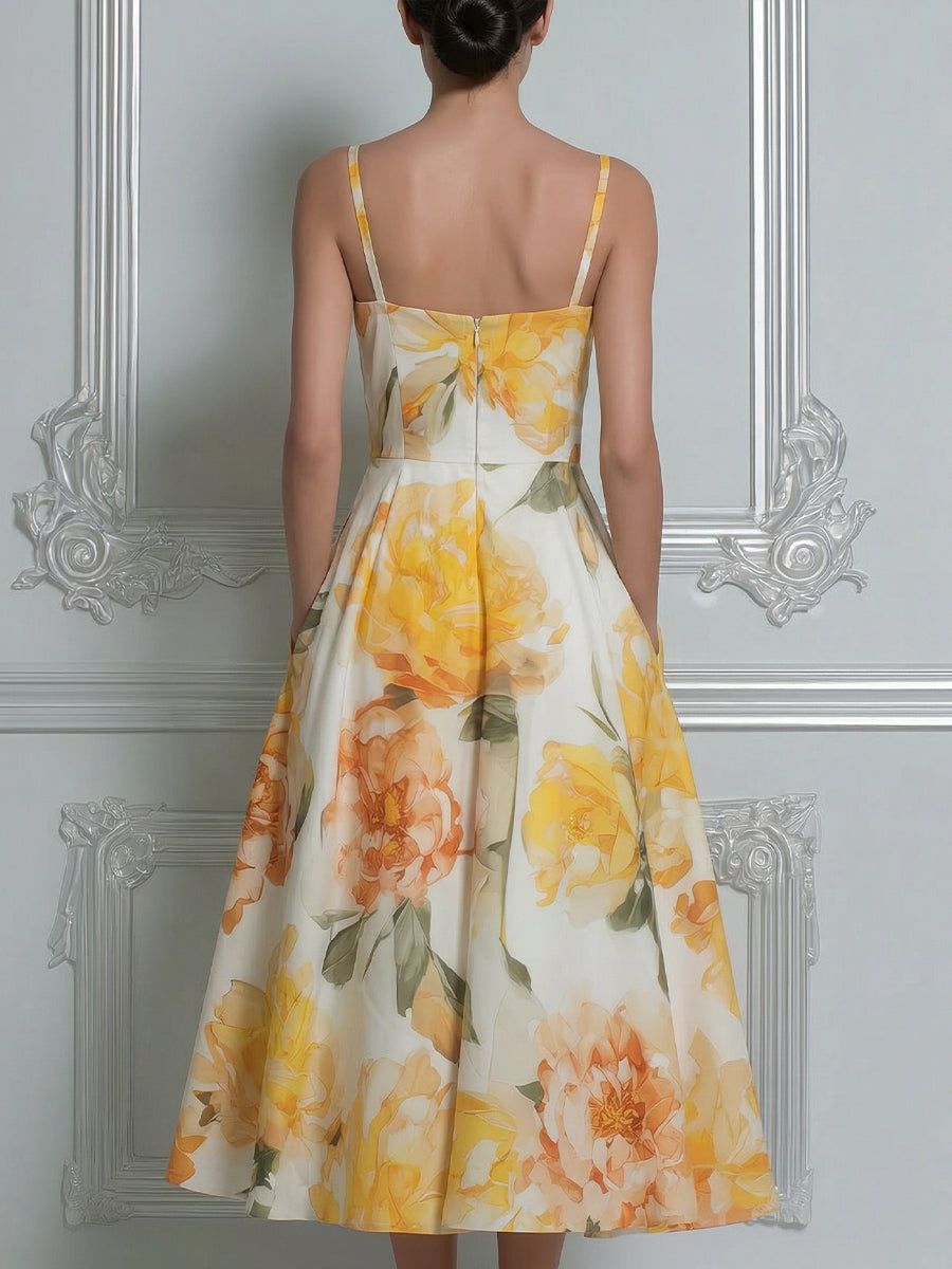 Sunny Yellow Peony Print Spaghetti Strap A-Line Midi Dress