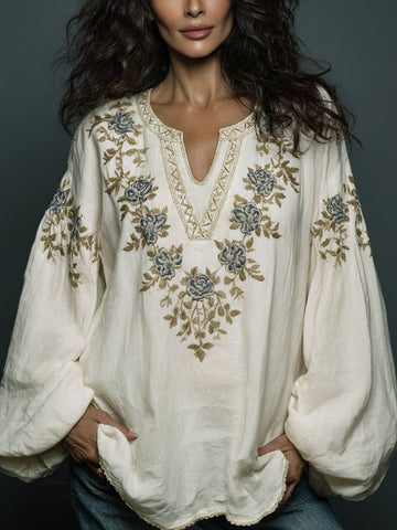 Women's Bohe Floral Embroidered Art Print Flowy Linen Blend Casual Tunic