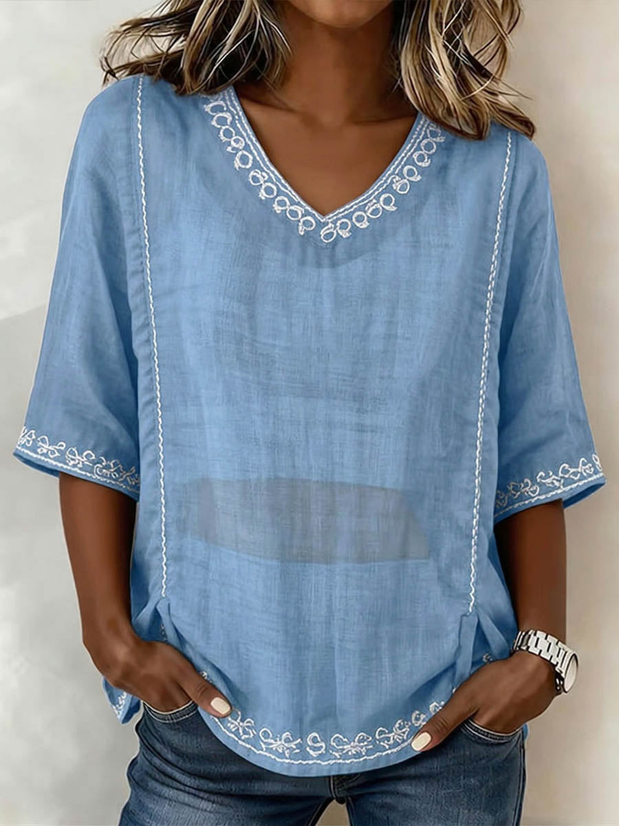 Women's V-neck 3/4-sleeve Casual Loose Cotton-linen Top