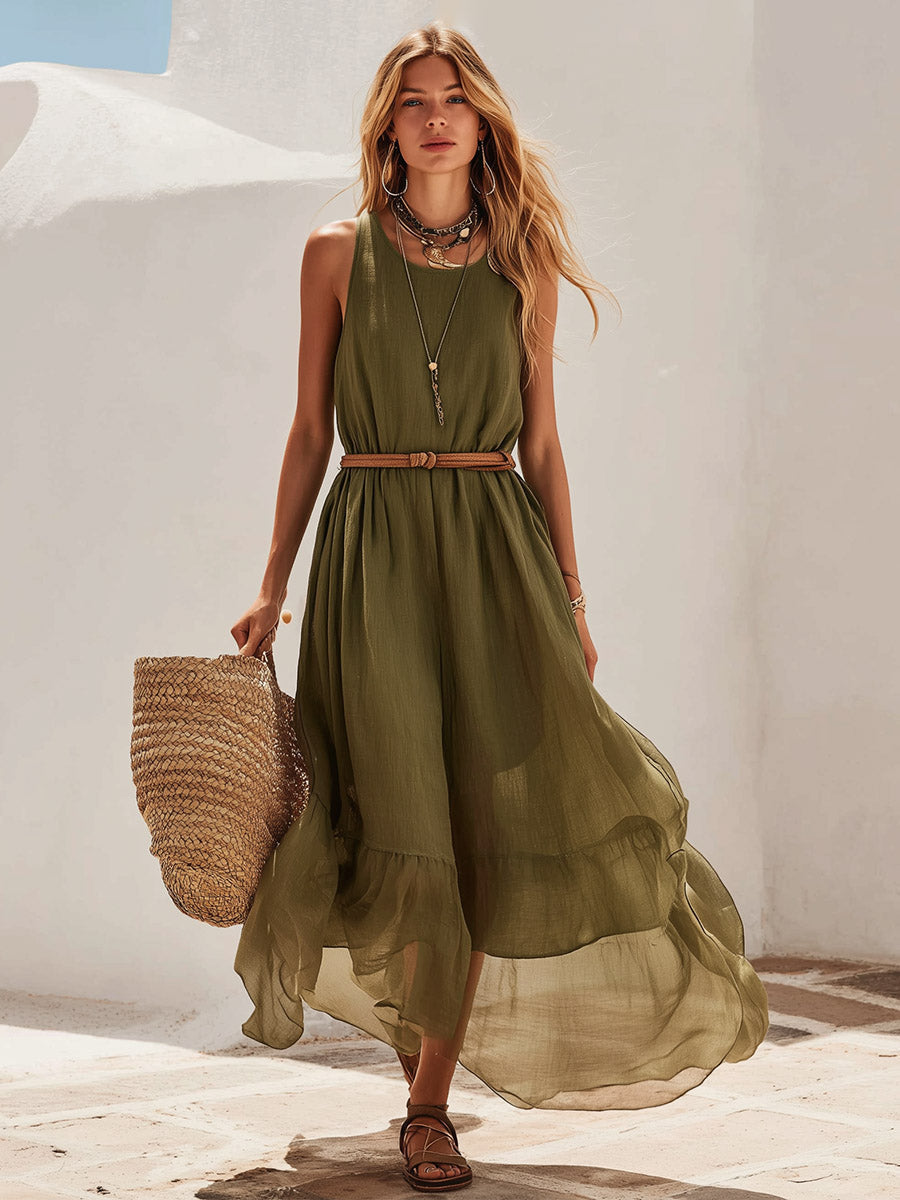 Retro Vacation Green  Cotton-Linen Patchwork & Chiffon Hem Sleeveless Maxi Dress