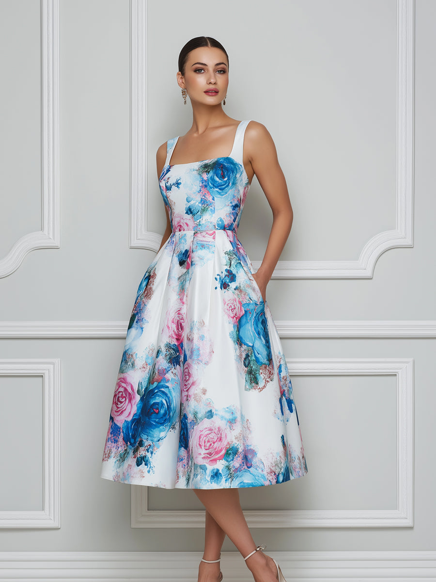 White Watercolor Rose Print Square Neck Midi Dress