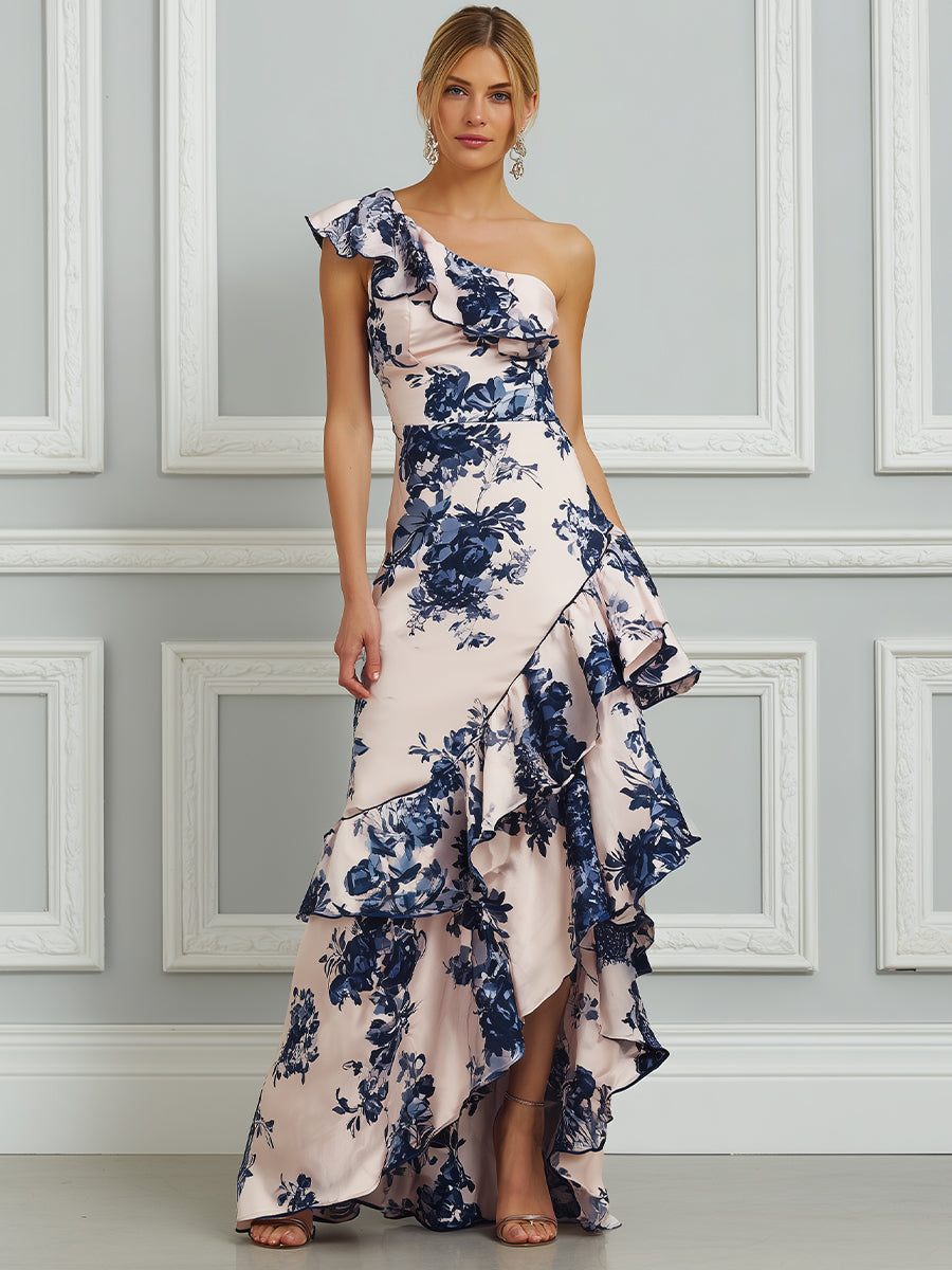 One-Shoulder Floral Cascade Ruffle Gown