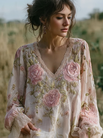 Bohemian Style Pink Floral Design V-neck Long-sleeve Top