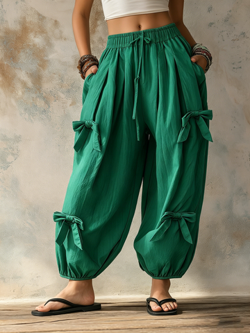 Emerald Green Bow-Detail Harem Pants - Casual Balloon Trousers
