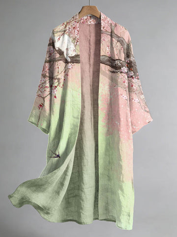 Women's Japanese Cherry Blossom And Cat Art Linen Long Kimono