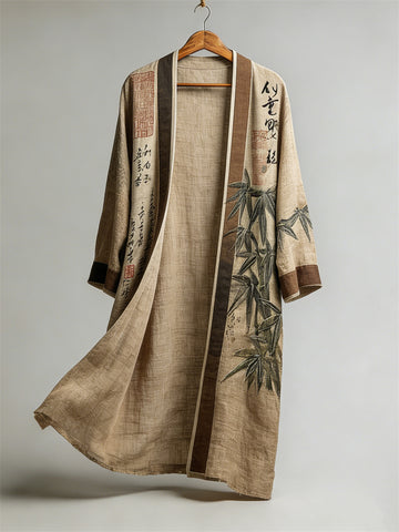 Japanese Bamboo Calligraphy Art Linen Long Kimono