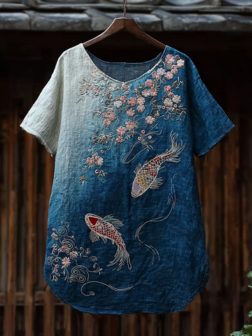 Japanese Art Goldfish And Cherry Blossom  Pattern Design Casual Linen Short-sleeve T-shirt ·
