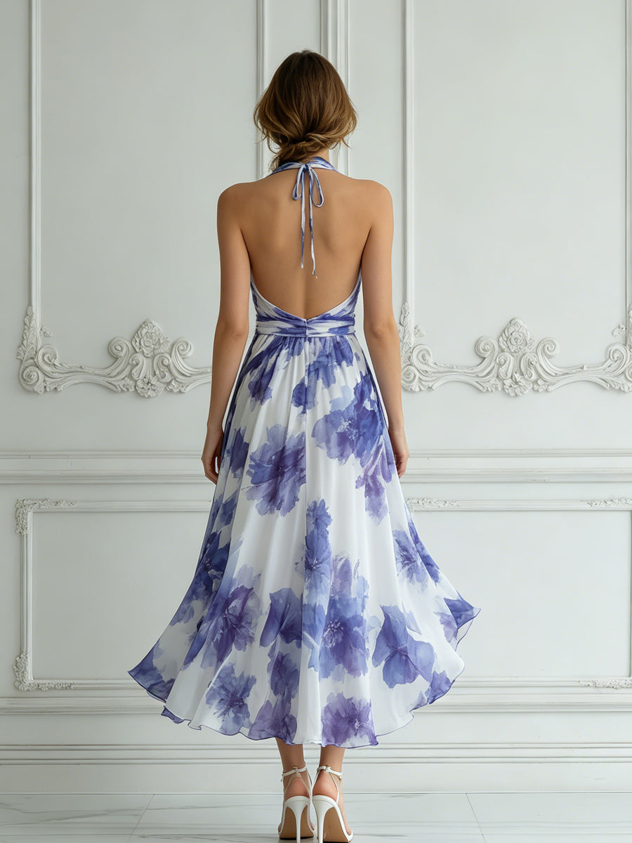 Halter Neck Wrap Watercolor Purple Floral Print Midi Dress