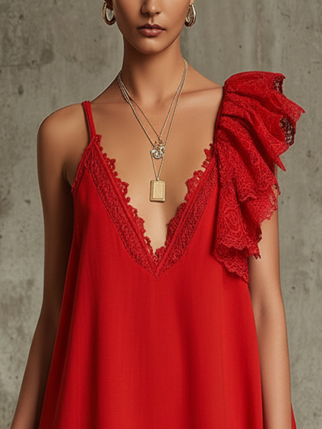 Red Lace Trim Mini Dress With Ruffled Shoulder Detail
