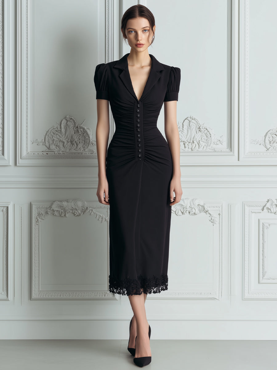 Ruched Button-Front Tailored Collar Fitted Midi Dress