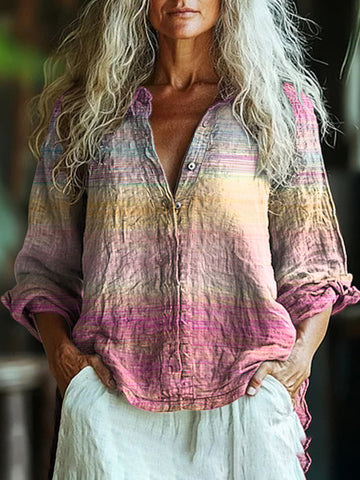 Women's Retro Cancer Awareness Ribbon Art Gradient Style Casual Linen Shirt