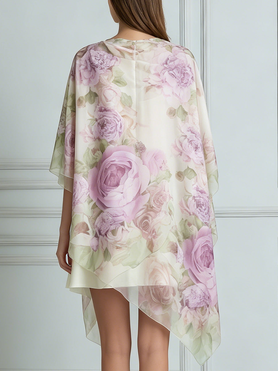 Floral Watercolor Print Poncho Cover-Up With Satin Slip Dress