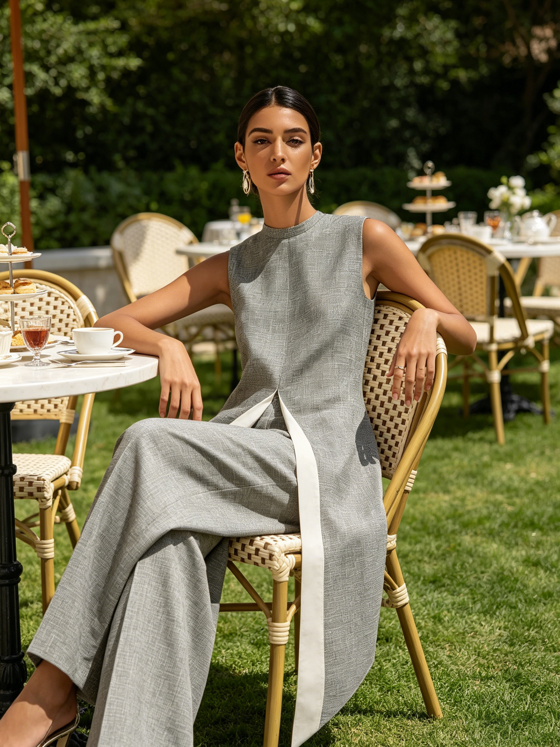 Structured Gray Linen-Blend Tunic & Wide-Leg Pants Set