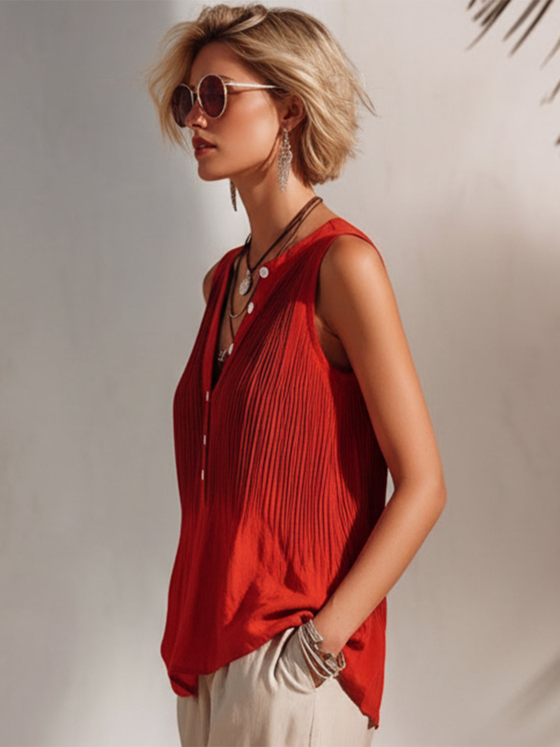 Bohemian Resort Style Red Pleated Cotton-linen Sleeveless Tank Top