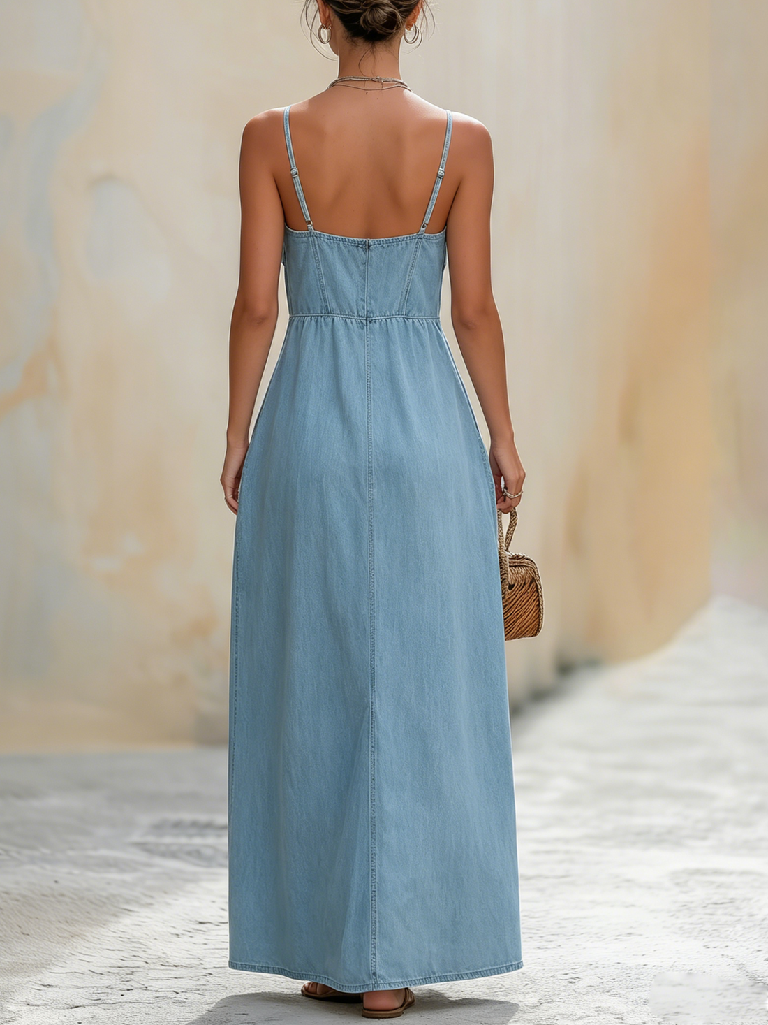 Light Blue Tencel Denim Spaghetti Strap Maxi Dress With Front Slit