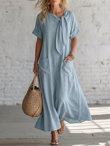 Women's Short-sleeve Bow And Pockets Dress